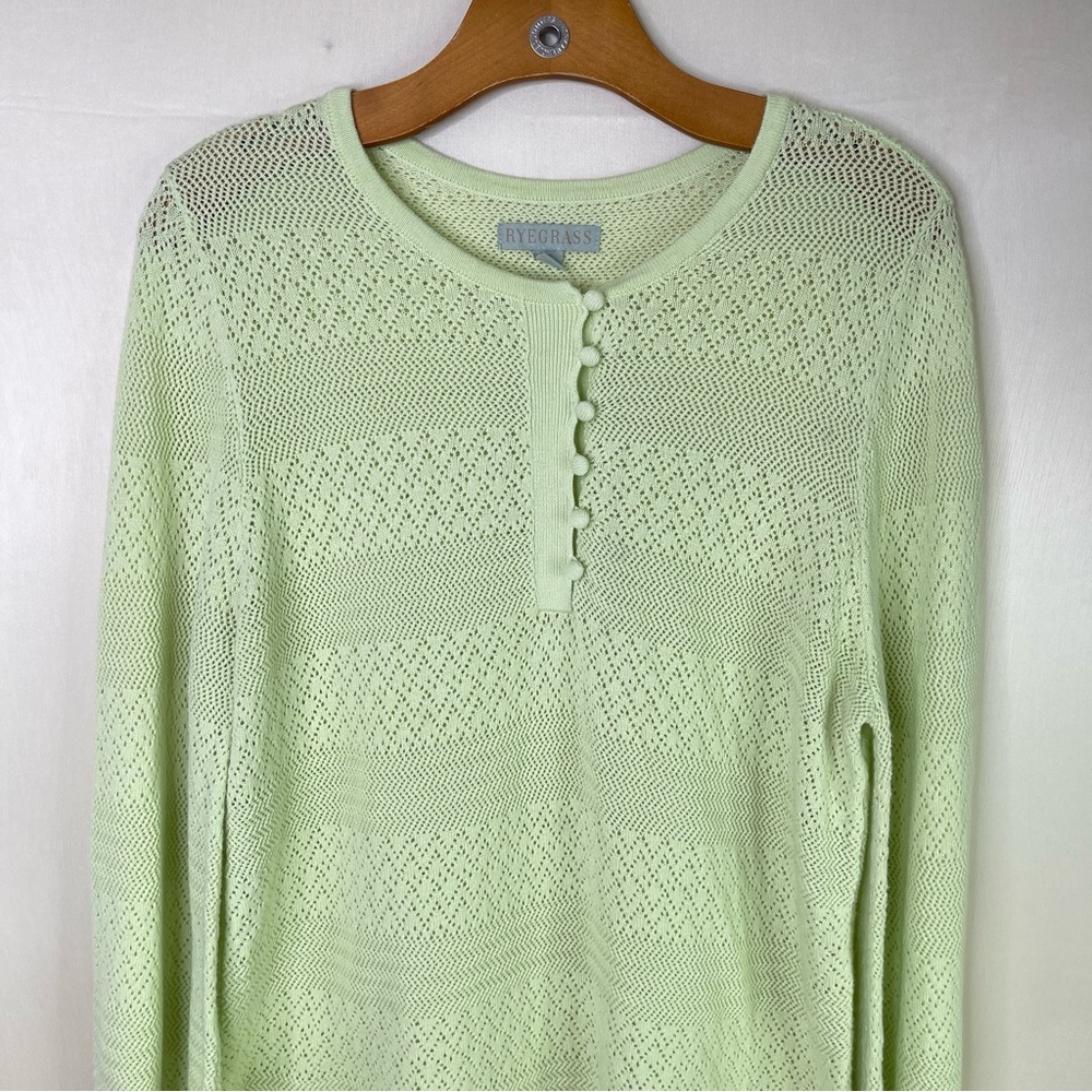 Ryegrass Lime Green Open Knit Henley Sweater Boho Chic XL